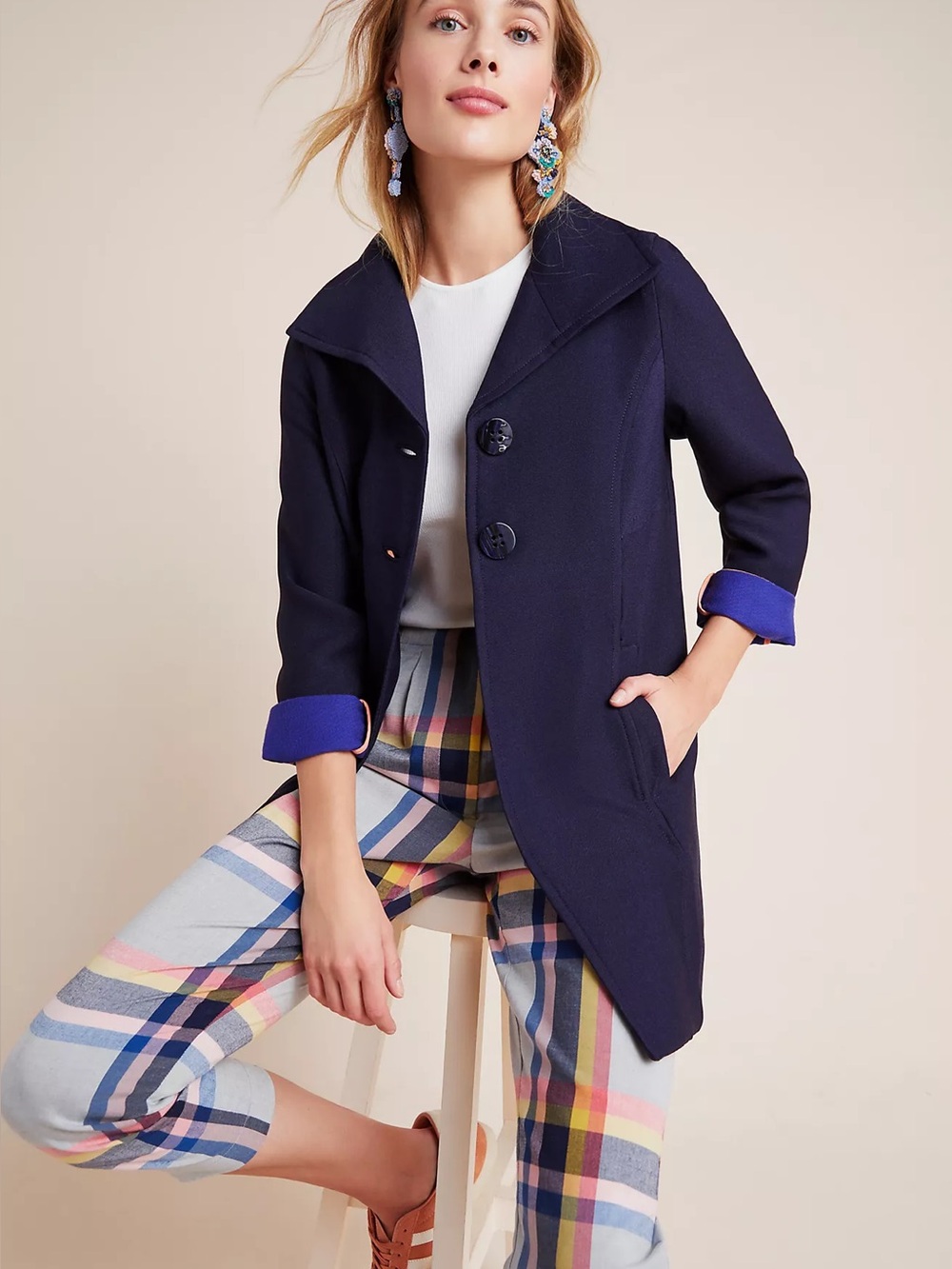 Anthropologie Navy Pleated A-Line Peacoat Jacket Snall